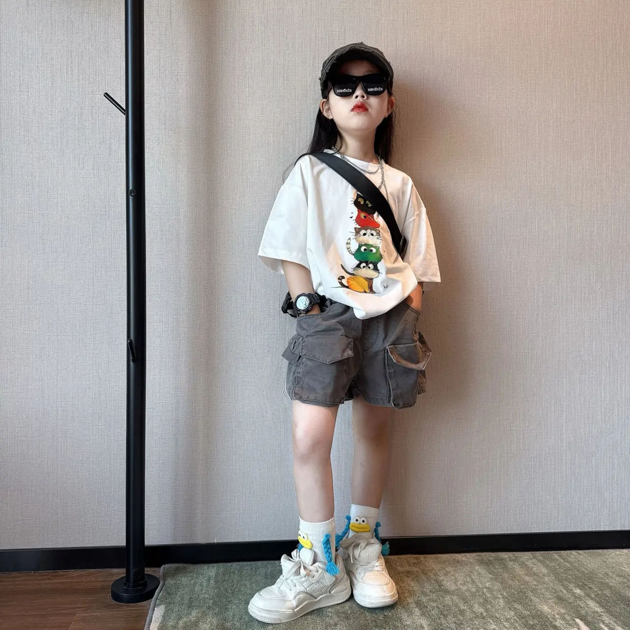 女童夏季萌趣卡通猫咪宽松短袖痞帅潮酷工装风短裤洋气时尚套装韩