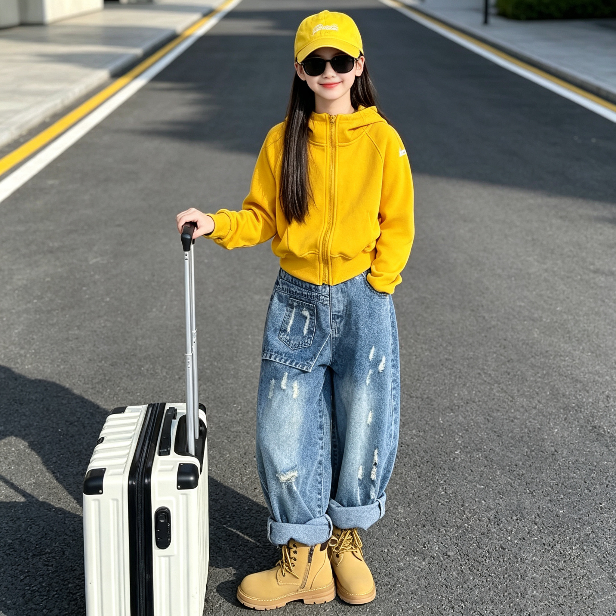 女童短款美式卫衣牛仔裤套装
