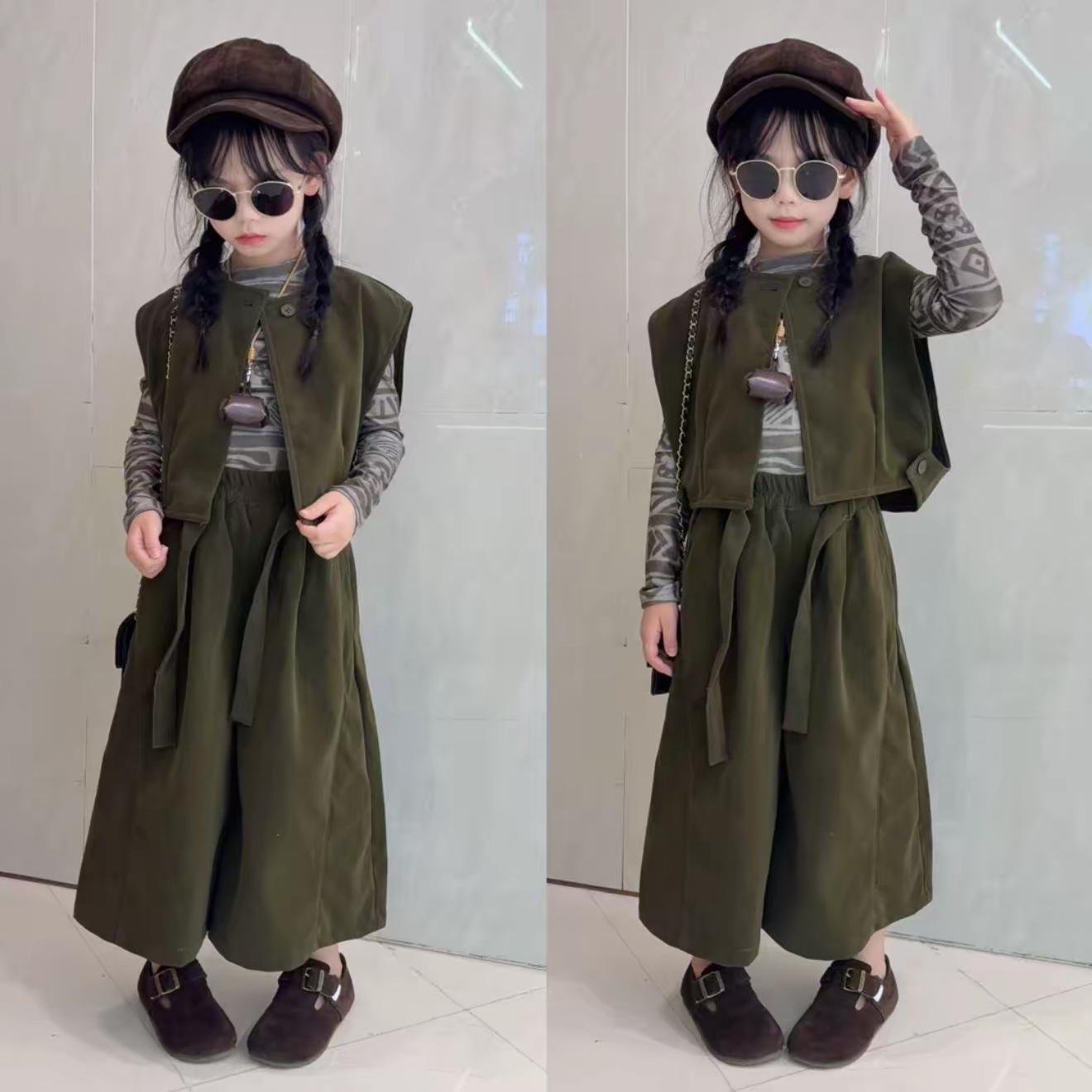 女童马甲长袖打底衫阔腿裤三件套