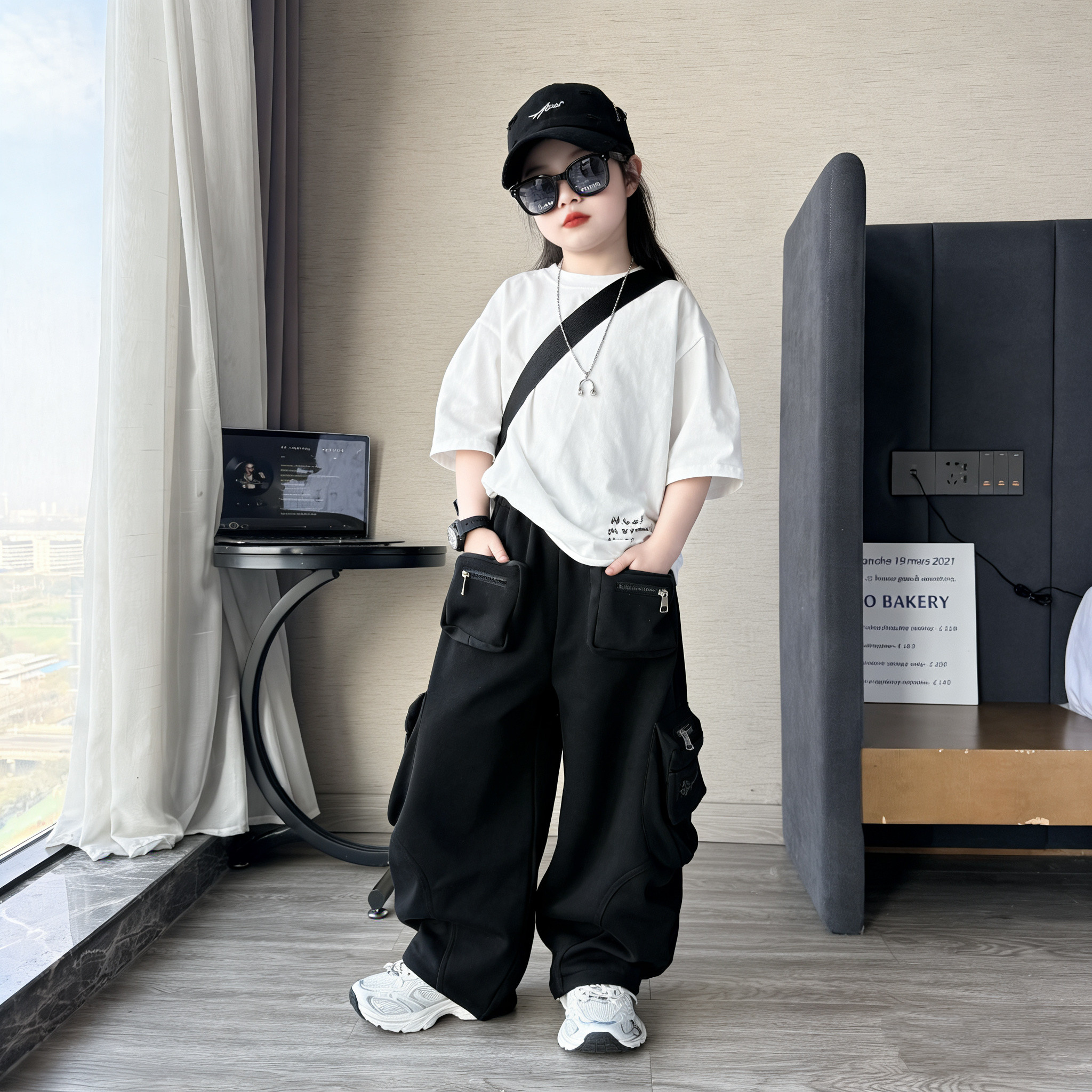 男女童夏季潮酷爵士街舞风宽松短袖设计感立体口袋工装裤时髦套装