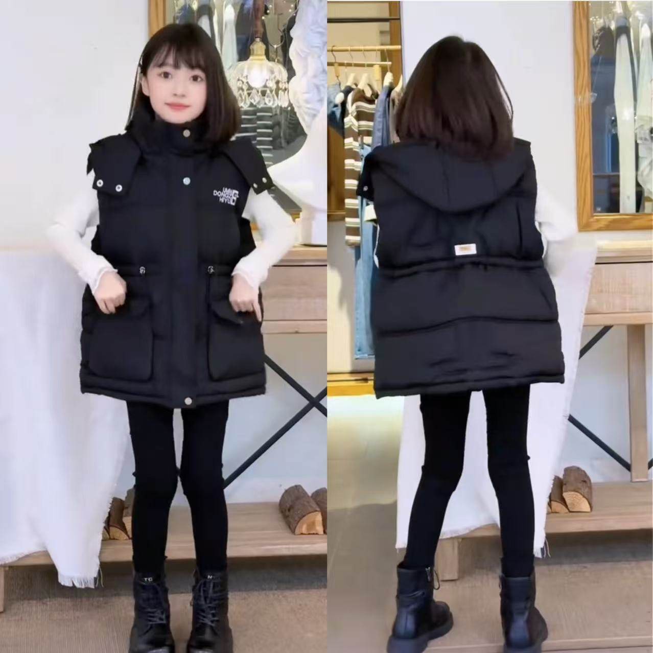 女童冬季加厚保暖收腰连帽马甲