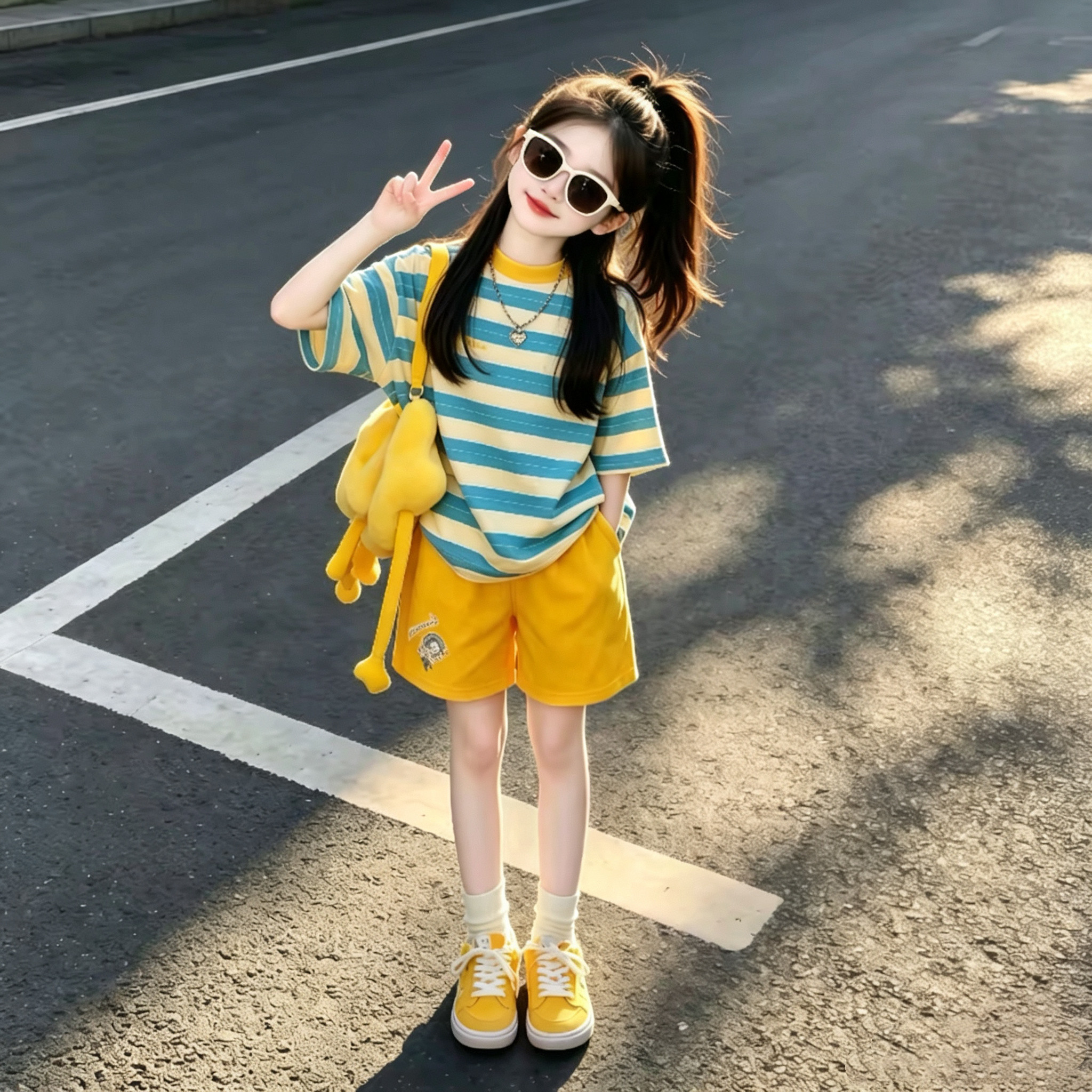 女童条纹撞色宽松短袖短裤套装