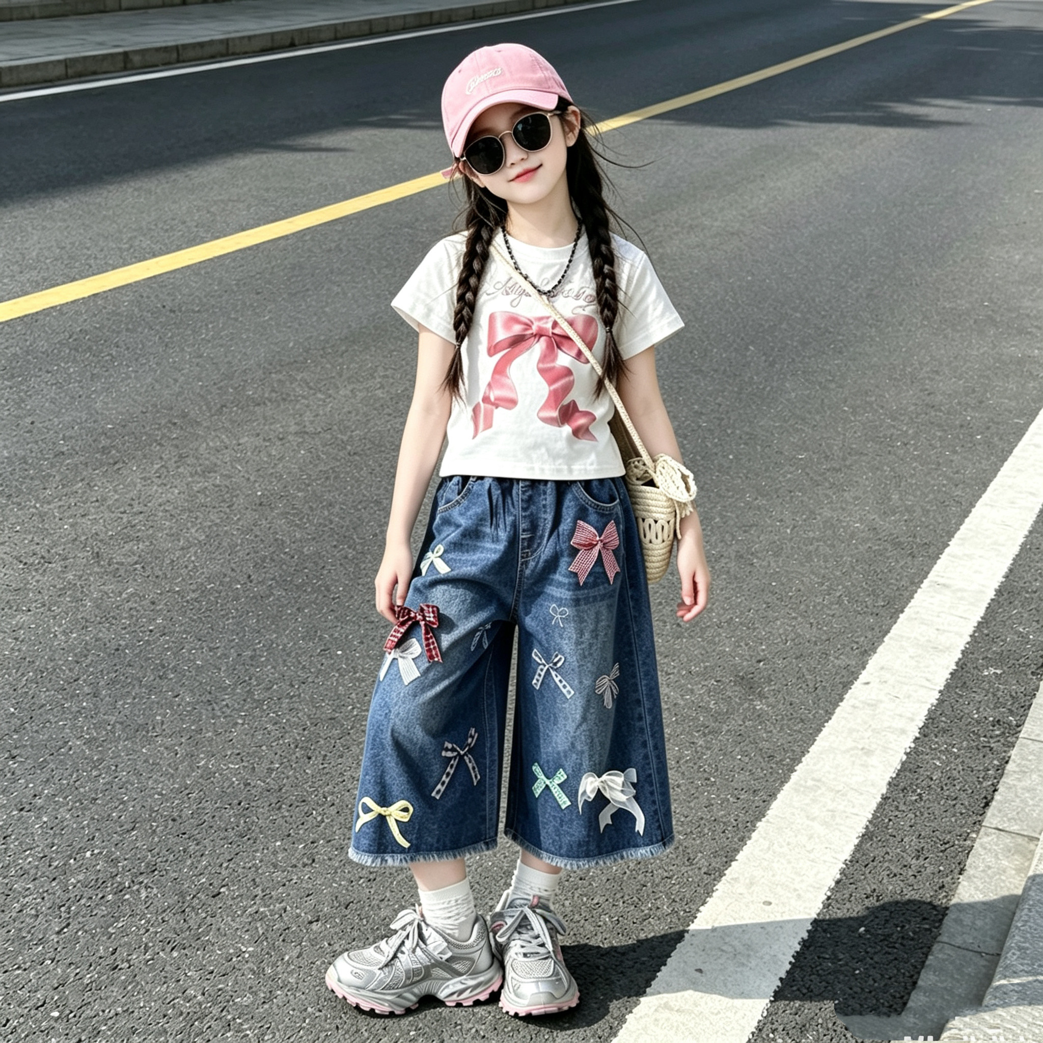 女童蝴蝶结牛仔八分裤T恤套装