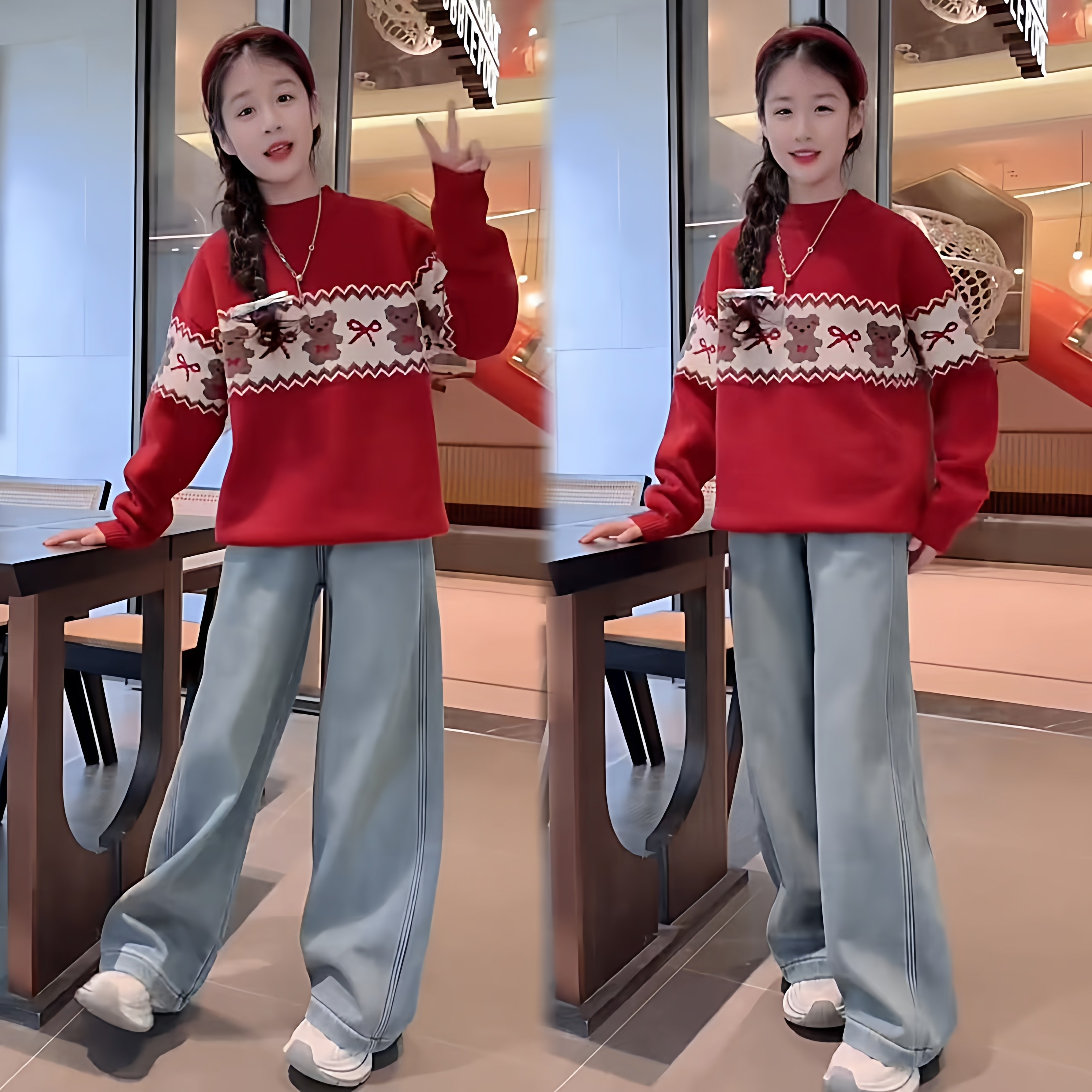女童超好看本命年红色小熊加绒针织毛衣中大童显瘦牛仔阔腿裤套装