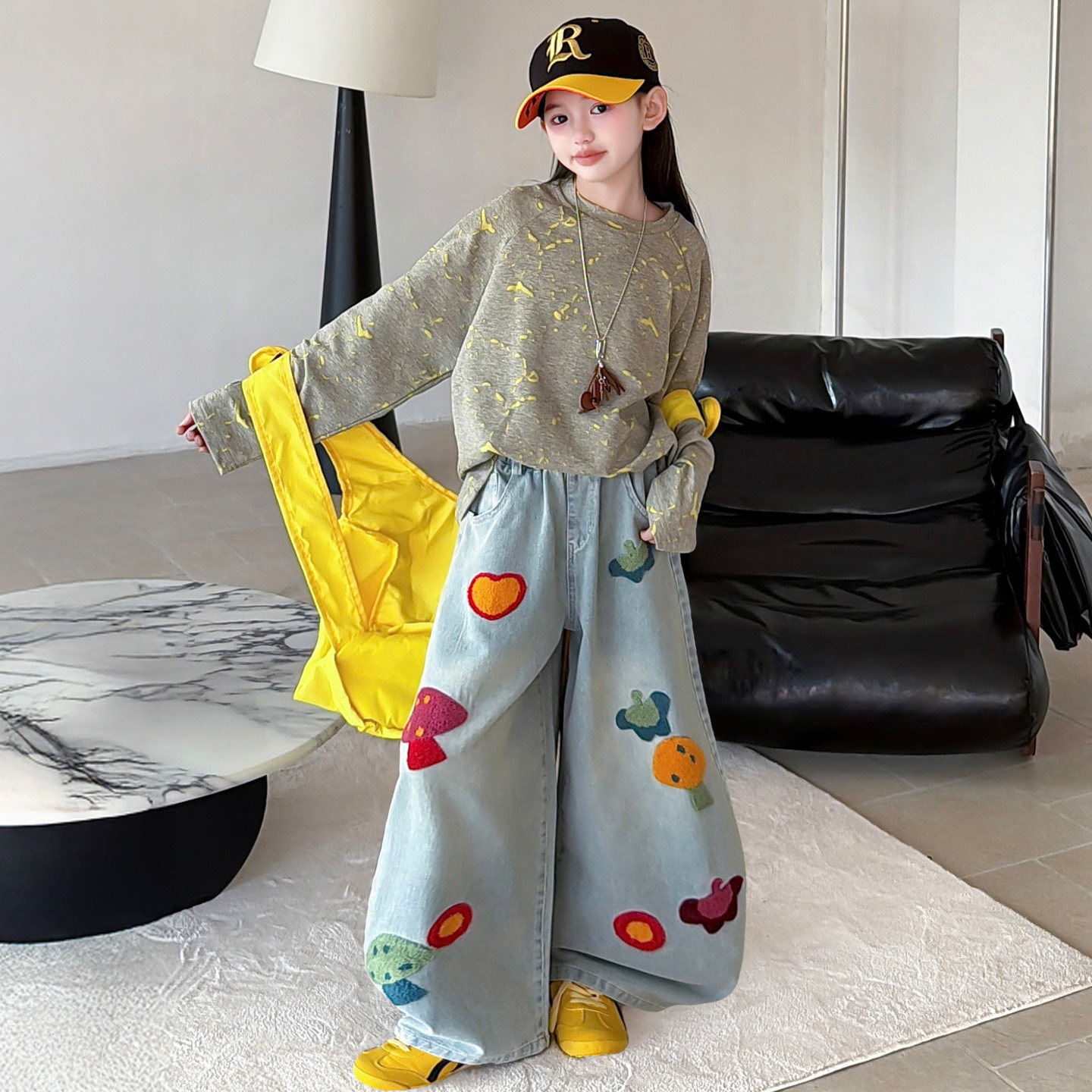 女童潮范设计感烧花宽松长袖重工刺绣牛仔阔腿裤春秋新款洋气套装