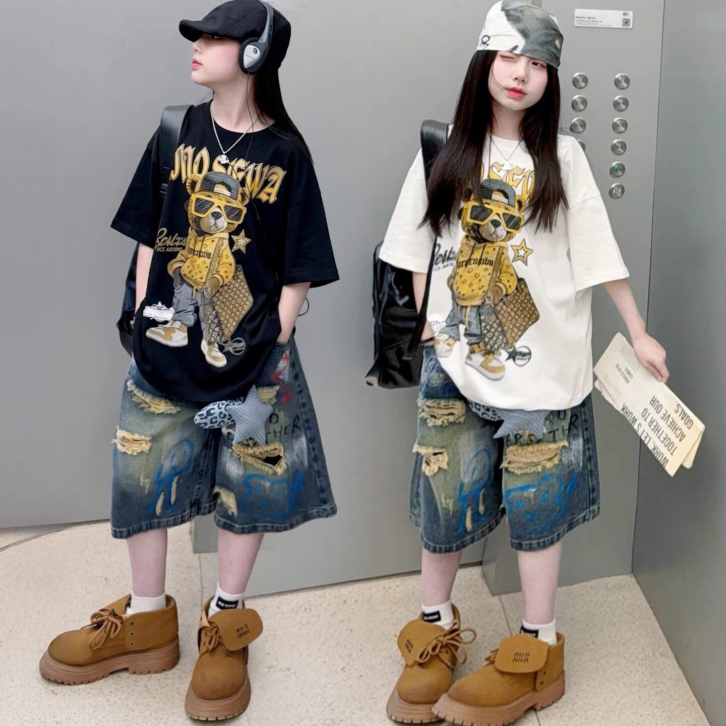 女童小熊卡通短袖牛仔中裤套装