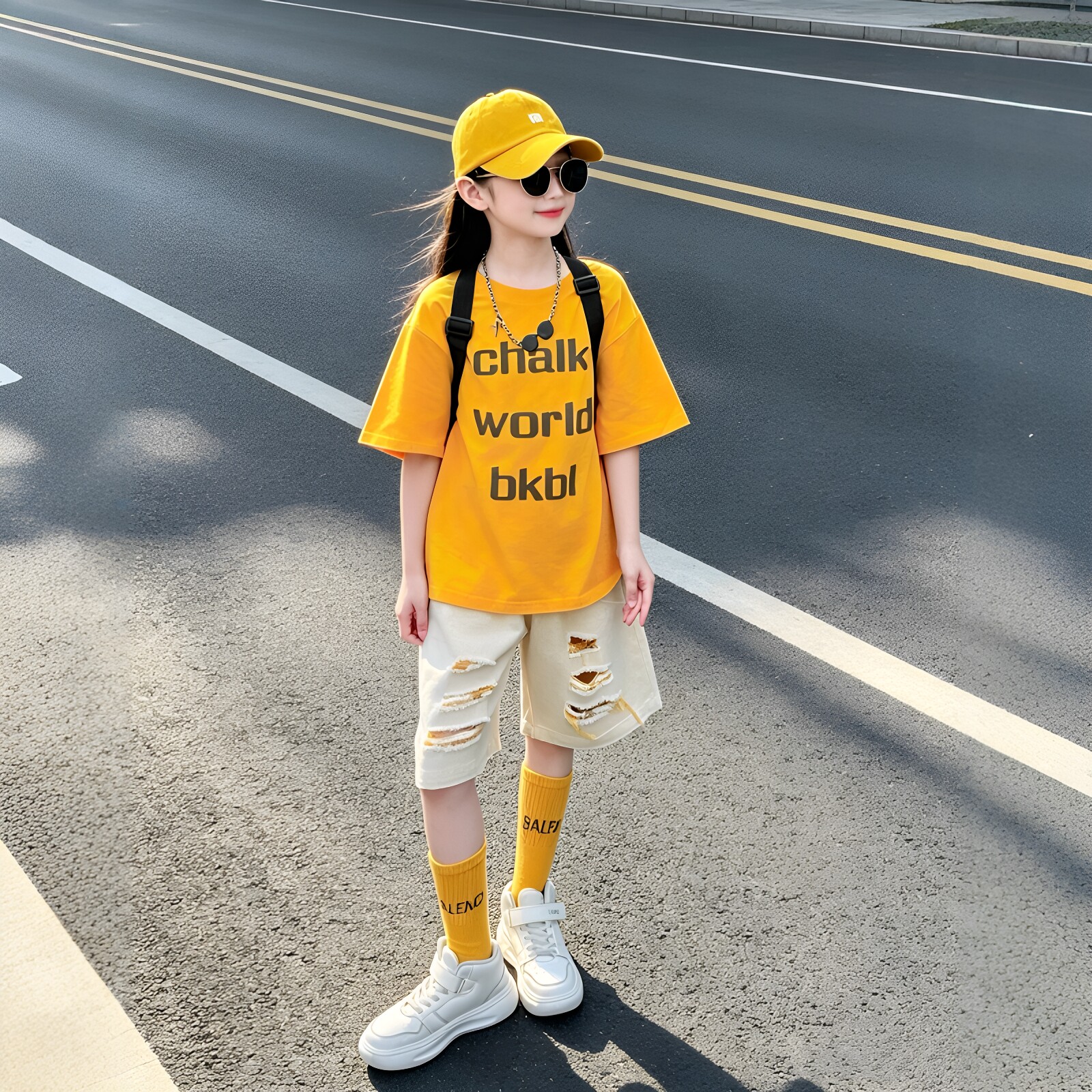 女童字母短袖破洞牛仔中裤套装