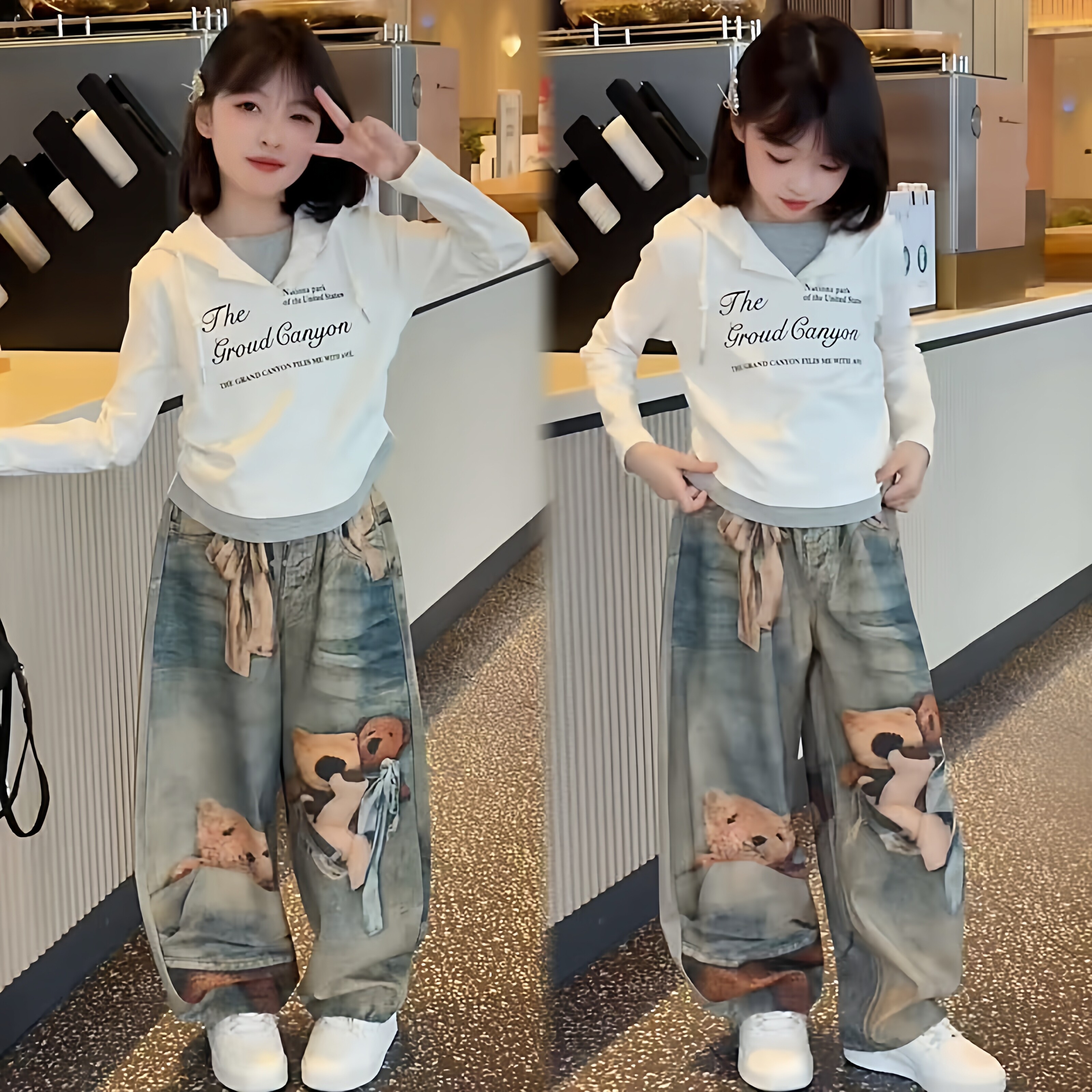 女童韩系字母帽衫小熊牛仔裤套装