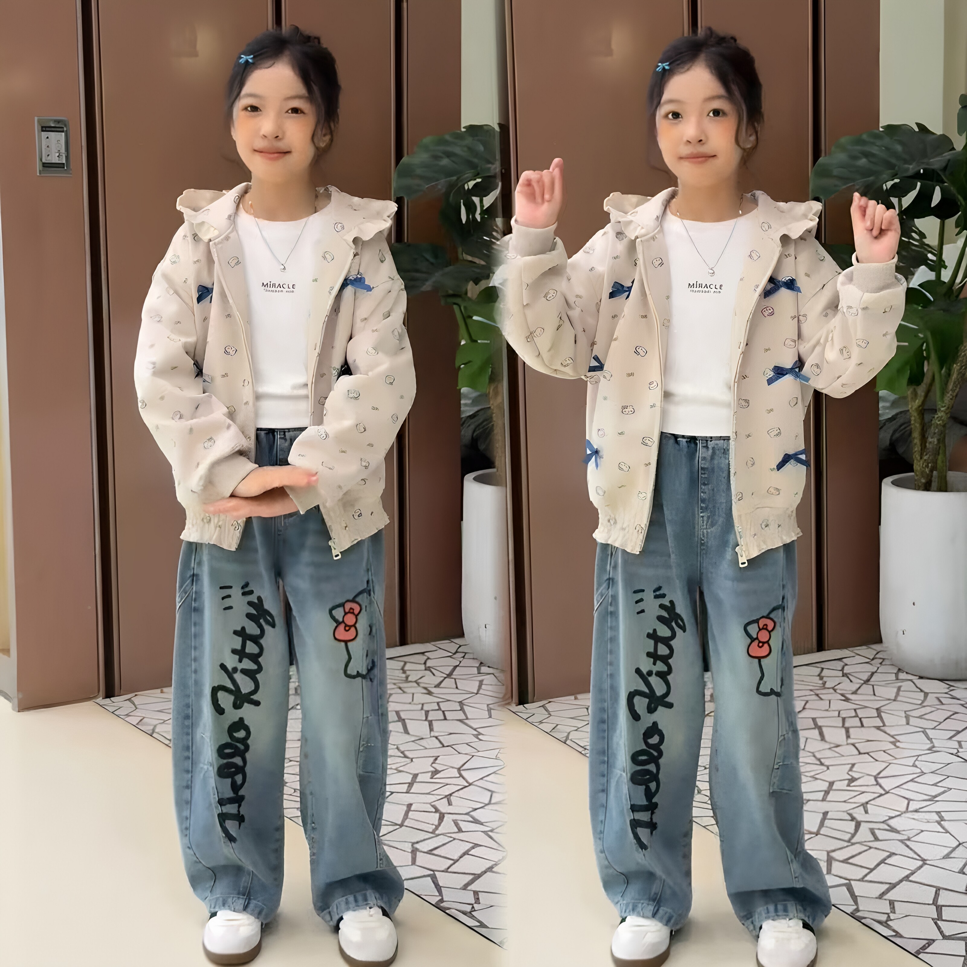 女童韩版甜美连帽卫衣外套卡通KT印花牛仔弯刀裤初中生休闲套装秋