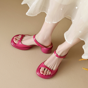 高跟女拖鞋外穿粗跟凉拖真皮一字拖女士凉鞋夏季韩版牛皮半拖女鞋