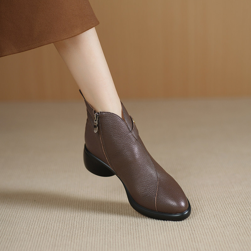 5CM中跟女短靴粗跟圆头侧拉链真皮及踝靴新款羊皮女靴女士皮靴子