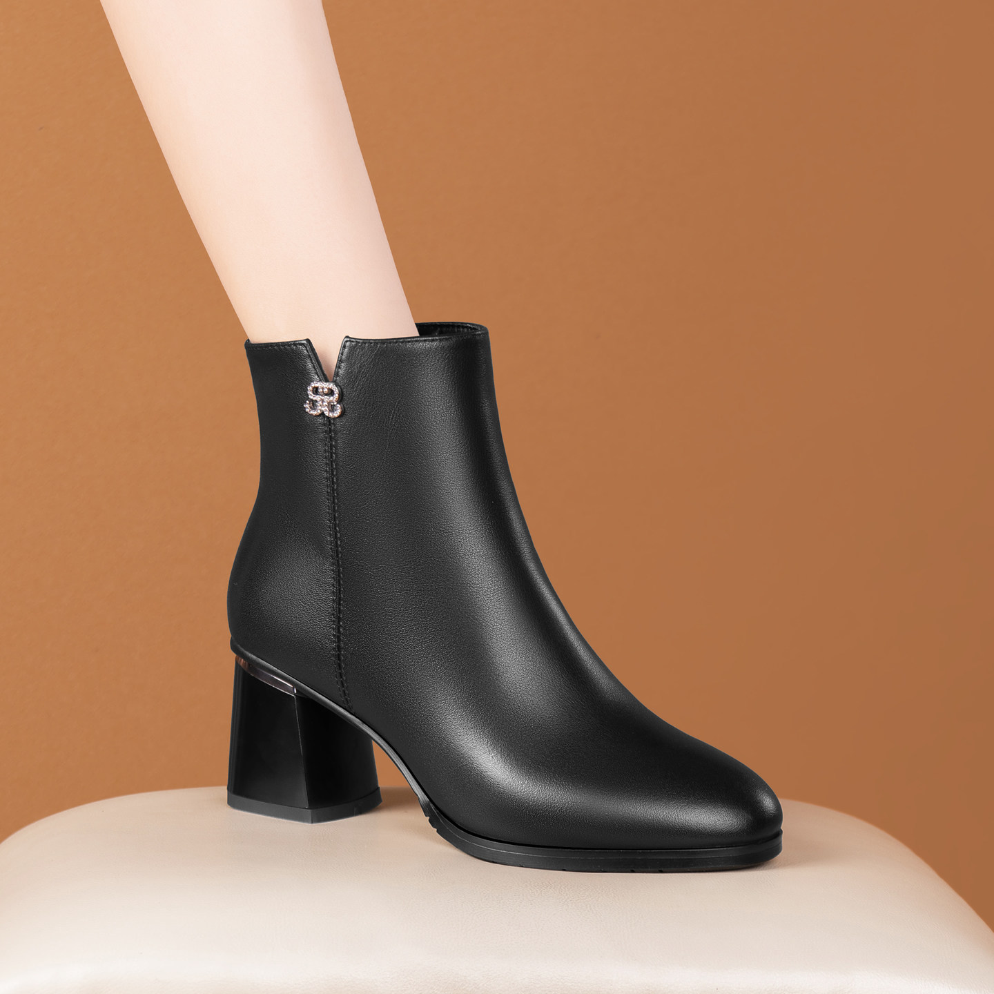 5.5CM高跟女短靴圆头粗跟侧拉链真皮及踝靴秋冬新款女靴女士靴子