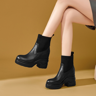 10CM高跟女短靴厚底粗跟真皮女鞋秋冬款小个子内增高牛皮女士靴子