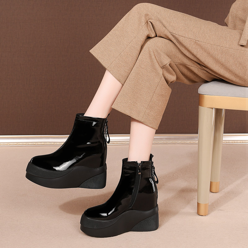 厚底女短靴内增高马丁靴坡跟松糕底短筒靴韩版小个子牛皮高跟女靴