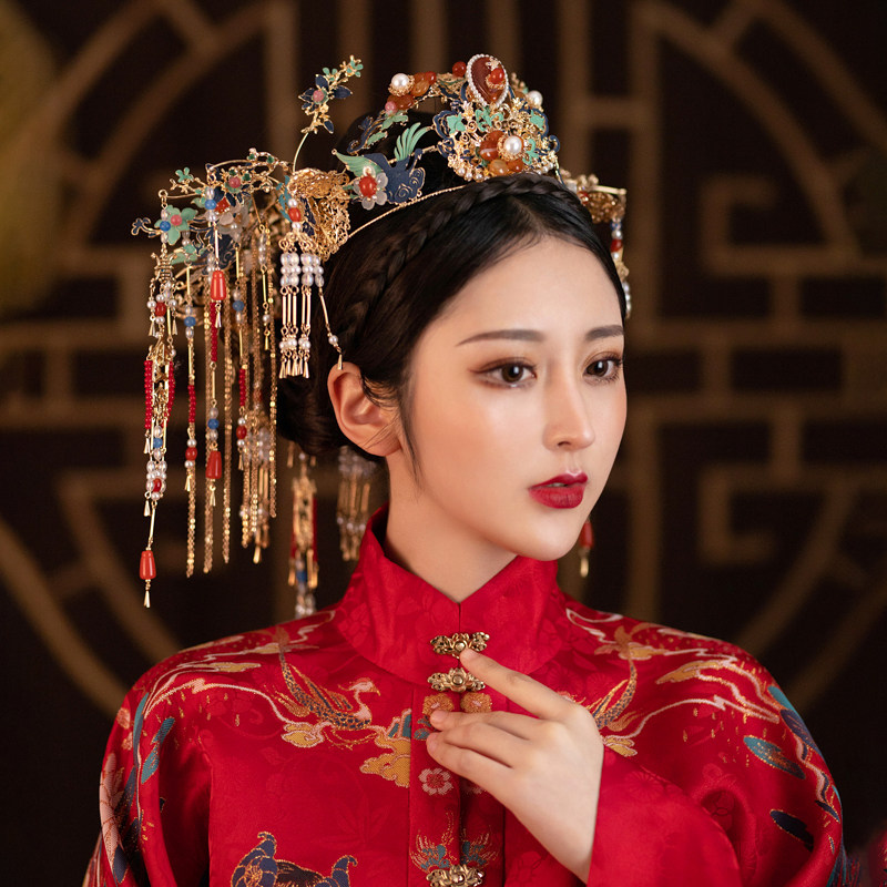 复古宫廷国风明制汉服新娘婚礼古装凤冠长流苏秀禾龙凤褂头饰静晨