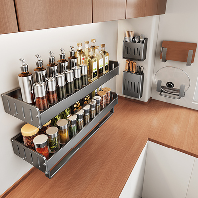 厨房调料置物架调料架壁挂免打孔调味品罐油盐酱醋太空铝收纳挂架