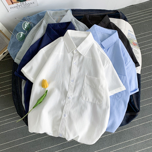 2026夏季新款纯色半袖翻领衬衫男生韩版潮流情侣五分短袖打底衬衣