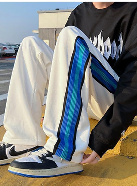 克莱因蓝裤子男oversize高街宽松直筒大码胖子潮运动早春休闲卫裤