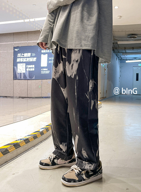 hiphop炸街裤子高街ins潮牌原宿风扎染运动裤男直筒拖地阔腿裤夏