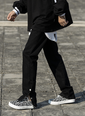 ins高街复古水洗黑色牛仔裤男潮牌开叉排扣垂坠嘻哈拖地修身长裤