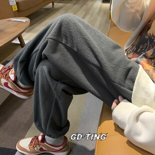 摇粒绒裤子男美式hiphop重磅羊羔毛卫裤加绒秋冬季阔腿束脚运动裤