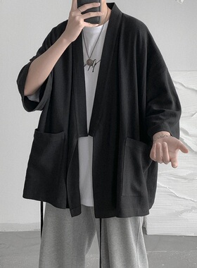 棉麻衬衫男夏季薄款七分袖中国风道袍复古休闲宽松很仙的衬衣外套