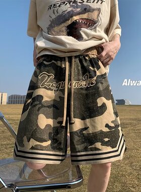美式复古hiphop迷彩工装短裤潮牌裤子男夏季沙滩篮球刺绣五分中裤