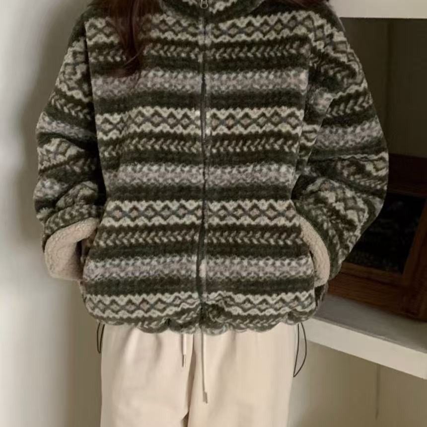 yuki自制已出 韩国chic复古提花羊羔绒保暖棉服外套