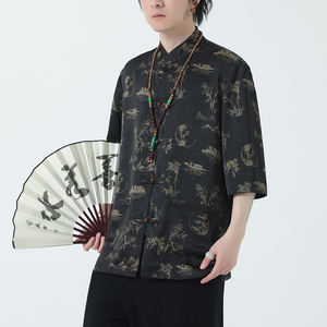 2024夏季风男装冰丝印花唐装汉服短袖衬衫衬衣C229-Y1021-P70图片