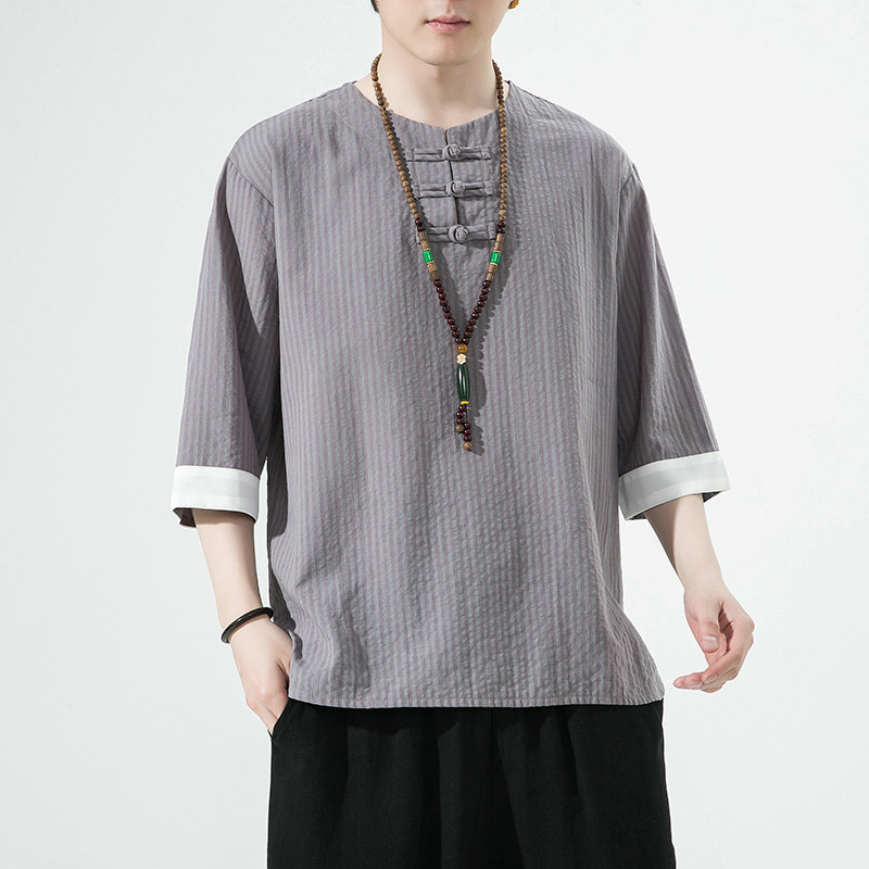 2023夏季风男装盘扣中式唐装汉服短袖五分袖T恤C229/T202/P55,男装T恤,电商C229-1