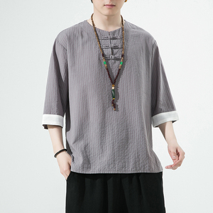 2023夏季风男装盘扣中式唐装汉服短袖五分袖T恤C229/T202/P55图片
