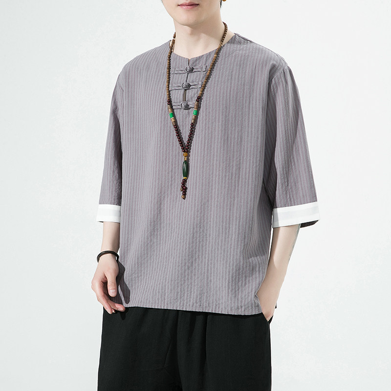 2023夏季风男装盘扣中式唐装汉服短袖五分袖T恤C229/T202/P55图片