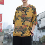 2024夏季风男装冰丝印花唐装汉服短袖五分袖T恤C229/T197/P55，男装T恤，电商C229-1