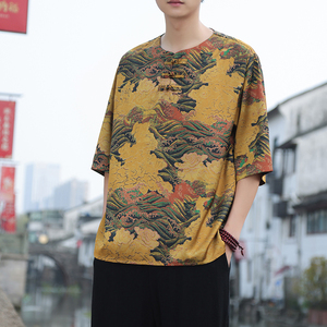 2024夏季风男装冰丝印花唐装汉服短袖五分袖T恤C229/T197/P55图片