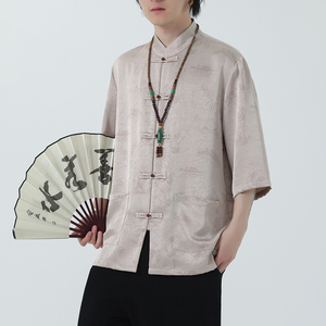2024夏季风男装冰丝印花唐装汉服短袖衬衫衬衣C229-Y1021-P70图片