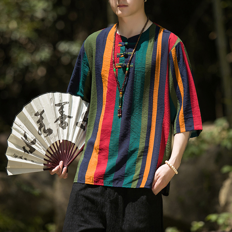 2024夏季风男装条纹唐装中式汉服短袖五分袖T恤C229/T173/P50,男装T恤,电商C229-1