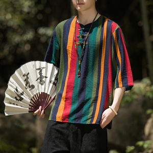 2024夏季风男装条纹唐装中式汉服短袖五分袖T恤C229/T173/P50,彩色无袖背心穿搭图片