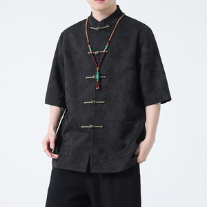 2024夏风男装提花唐装汉服短袖五分袖衬衫衬衣C229-Y996-P70图片