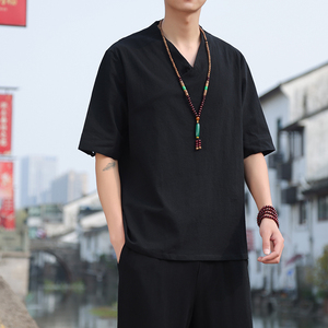 2024夏季风男装棉麻亚麻唐装汉服短袖T恤宽松C229/T161/P45图片