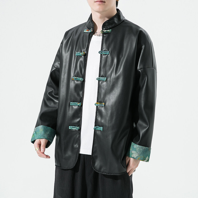 2024秋冬风男装撞色pu夹克外套唐装汉服大码C229/Y711/P105图片