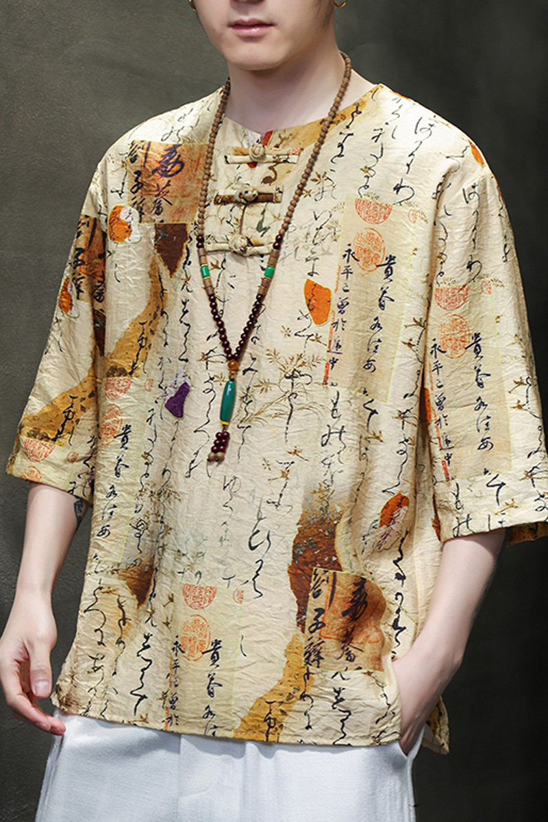2024夏风男装复古中式唐装汉服短袖五分袖T恤男C229-T213-P60,男装T恤,电商C229-1