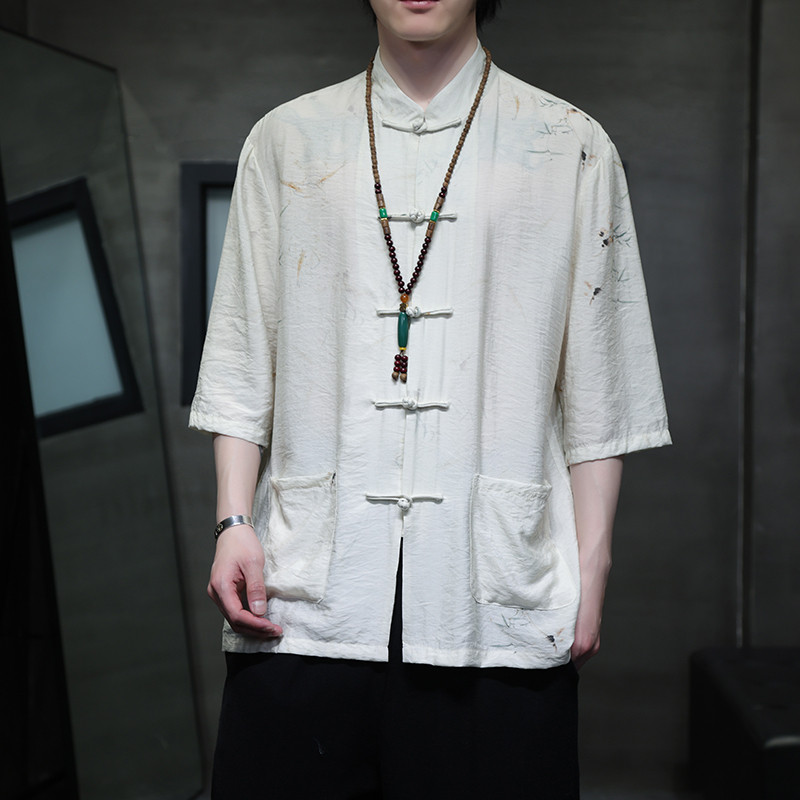 2024夏风男装印花唐装汉服短袖五分袖衬衫衬衣C229-Y1020-P70图片