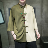 2023风男装盘扣撞色唐装汉服短五分袖衬衫衬衣C229/Y974/P70，男装衬衫，电商C229-1