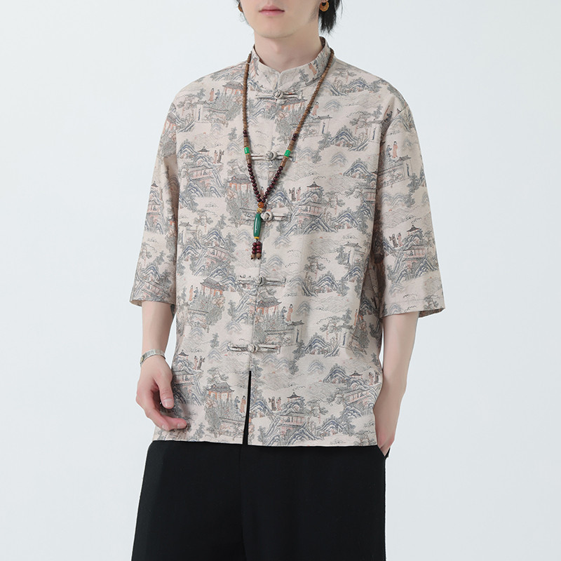 2024夏风男装印花唐装汉服短袖五分袖衬衫衬衣C229-Y1023-P68图片