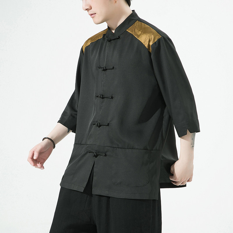 2024夏风男装撞色唐装汉服短袖五分袖衬衫衬衣C229/Y980/P70图片