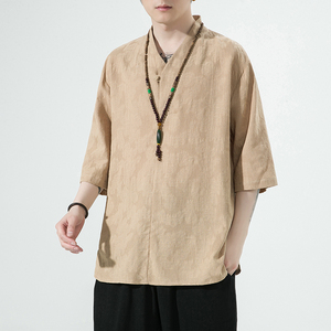 2024夏季风男装棉麻亚麻唐装汉服短袖五分袖T恤C229/T203/P55图片