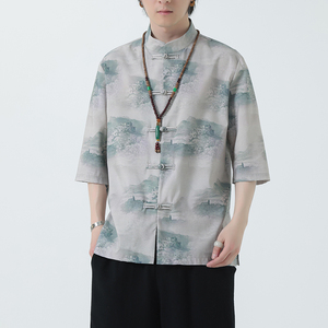 2024夏风男装印花唐装汉服短袖五分袖衬衫衬衣C229-Y1023-P68图片