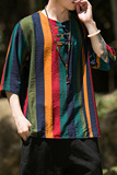 2024夏季风男装条纹唐装中式汉服短袖五分袖T恤C229/T173/P50，男装T恤，电商C229-1