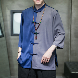 2023风男装盘扣撞色唐装汉服短五分袖衬衫衬衣C229/Y974/P70图片