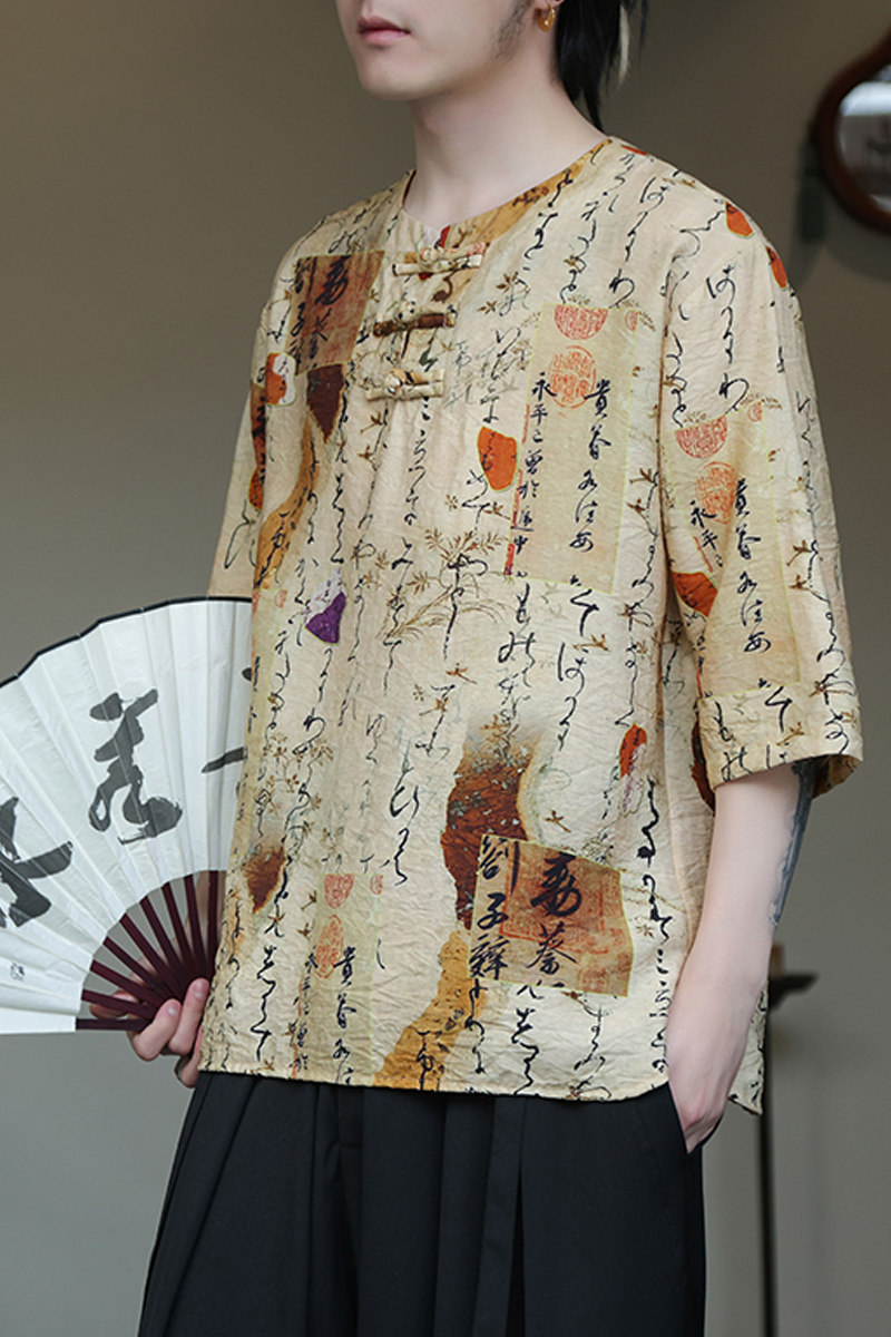 2024春夏风男装印花唐装汉服短袖五分袖T恤大码C229-T213-P60,男装T恤,电商C229-1